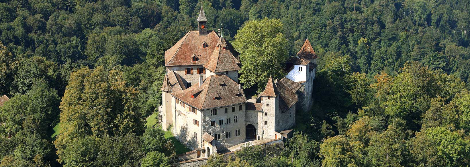 Schloss Kyburg aus der Vogelperspektive über dem bewaldeten Tösstal